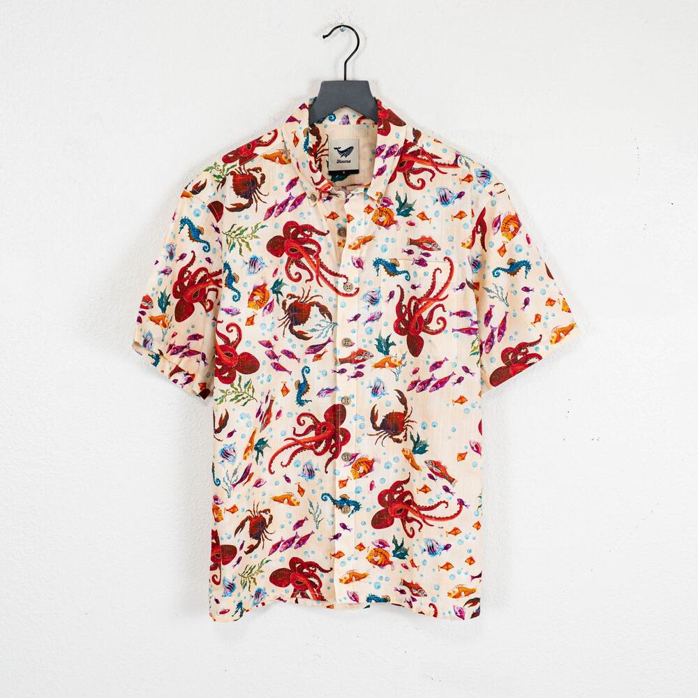 Yiume Hawaiian Short Sleeve Shirt Marine Life Octopuse seahorse Small